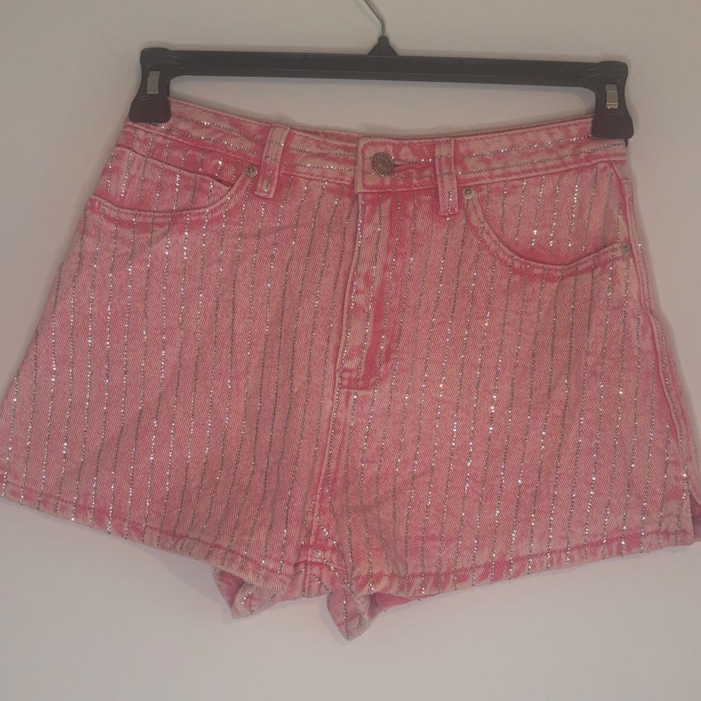 Blue B Collection Pink Denim Shorts High Waist Silver Sparkle Striped‎ Sz S